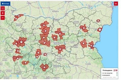 карта Болгарии с количеством зараженных